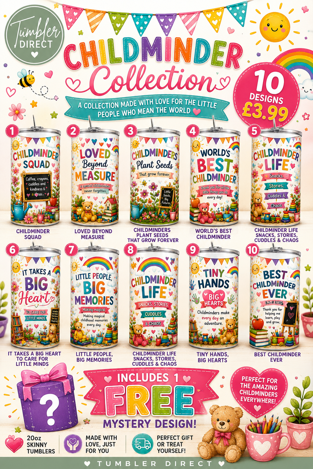 Childminder 20oz Skinny Tumbler Collection | 10 Ready-to-Sell Sublimation Wrap Designs + 1 FREE Bonus Design