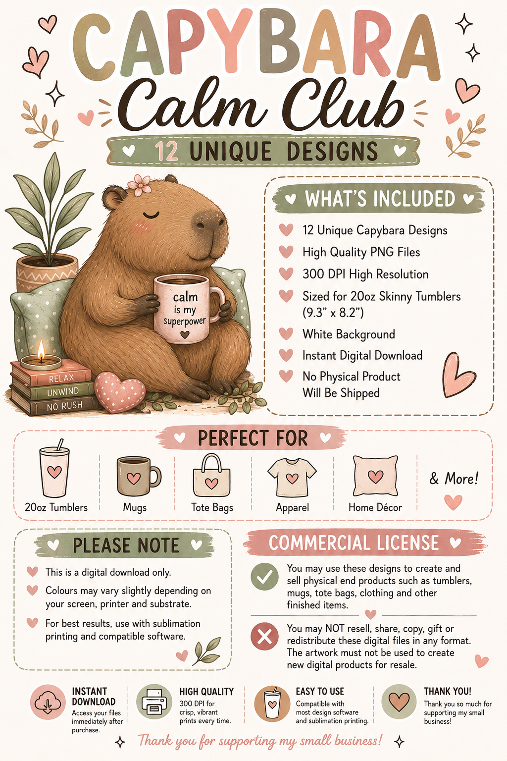 Capybara Calm Club Collection | 12 Cute Capybara PNG Tumbler Wrap Designs | 20oz Sublimation Bundle | 300 DPI Digital Download