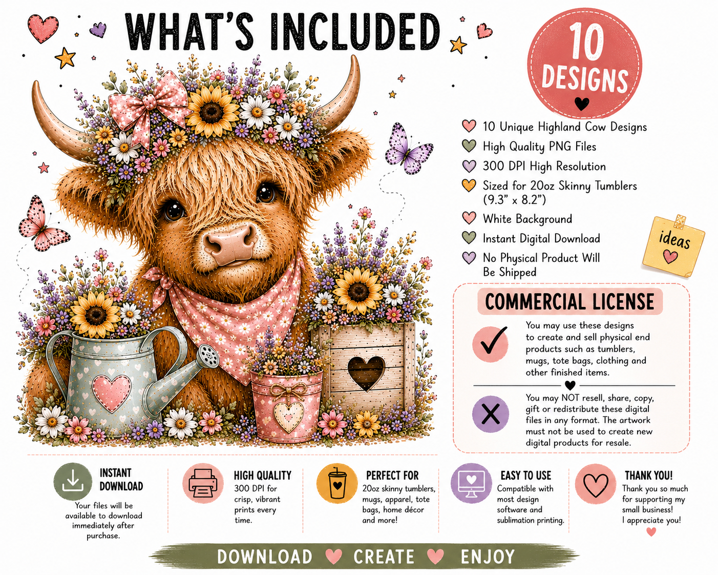 Sunflower Highland Cow PNG Bundle | 10 Garden Quote Tumbler Wraps | 20oz Skinny Sublimation Designs | Cute Floral Cow PNG | 300 DPI