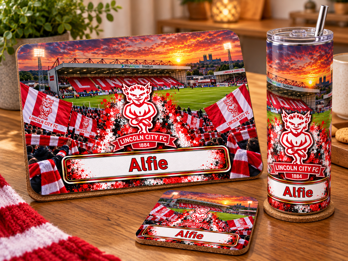 Footie tablemat, coaster and tumbler set