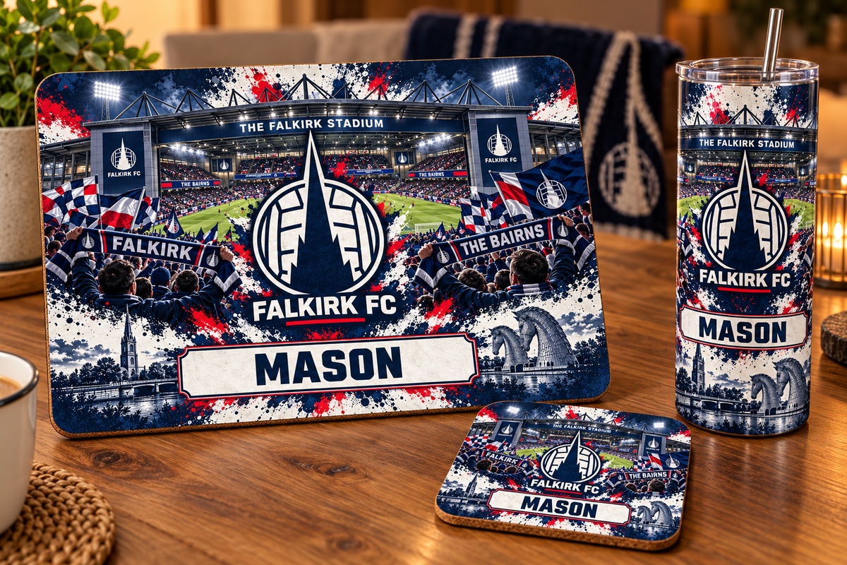 Footie tablemat, coaster and tumbler set