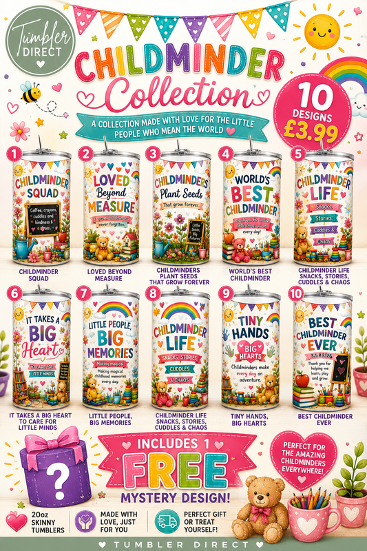Childminder 20oz Skinny Tumbler Collection | 10 Ready-to-Sell Sublimation Wrap Designs + 1 FREE Bonus Design