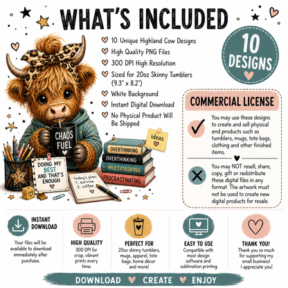Highland Cow Chaos Collection | 10 Funny Highland Cow PNG Tumbler Wrap Designs | 20oz Sublimation Bundle