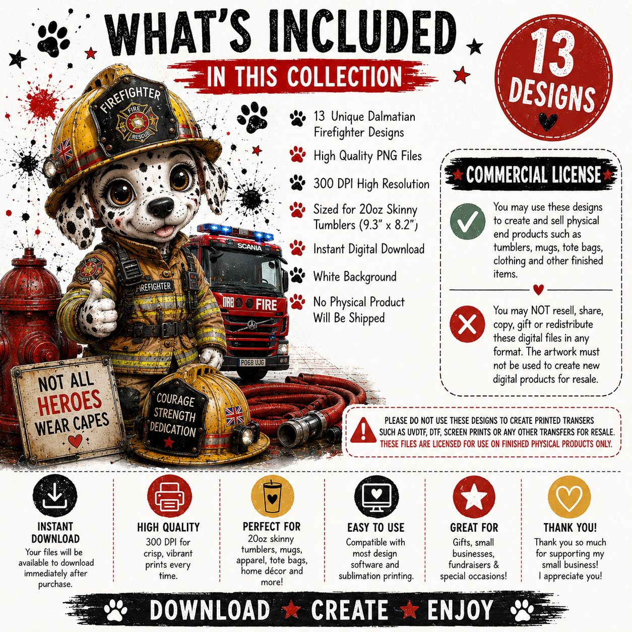 Firefighter Dalmatian Tumbler Wrap Bundle | 13 PNG Designs | 20oz Skinny Sublimation Wraps | Commercial Use