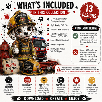 Firefighter Dalmatian Tumbler Wrap Bundle | 13 PNG Designs | 20oz Skinny Sublimation Wraps | Commercial Use