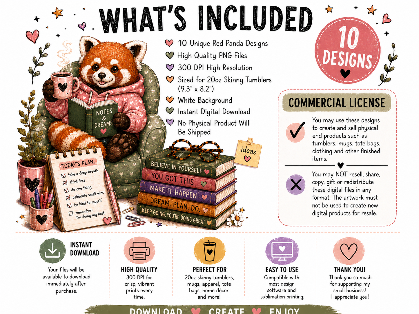 Red Panda Overthinkers Club | 10 PNG Tumbler Wrap Bundle | 20oz Skinny Sublimation Designs | Cute Mental Health Quotes | 300 DPI