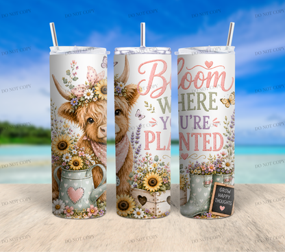 Sunflower Highland Cow PNG Bundle | 10 Garden Quote Tumbler Wraps | 20oz Skinny Sublimation Designs | Cute Floral Cow PNG | 300 DPI