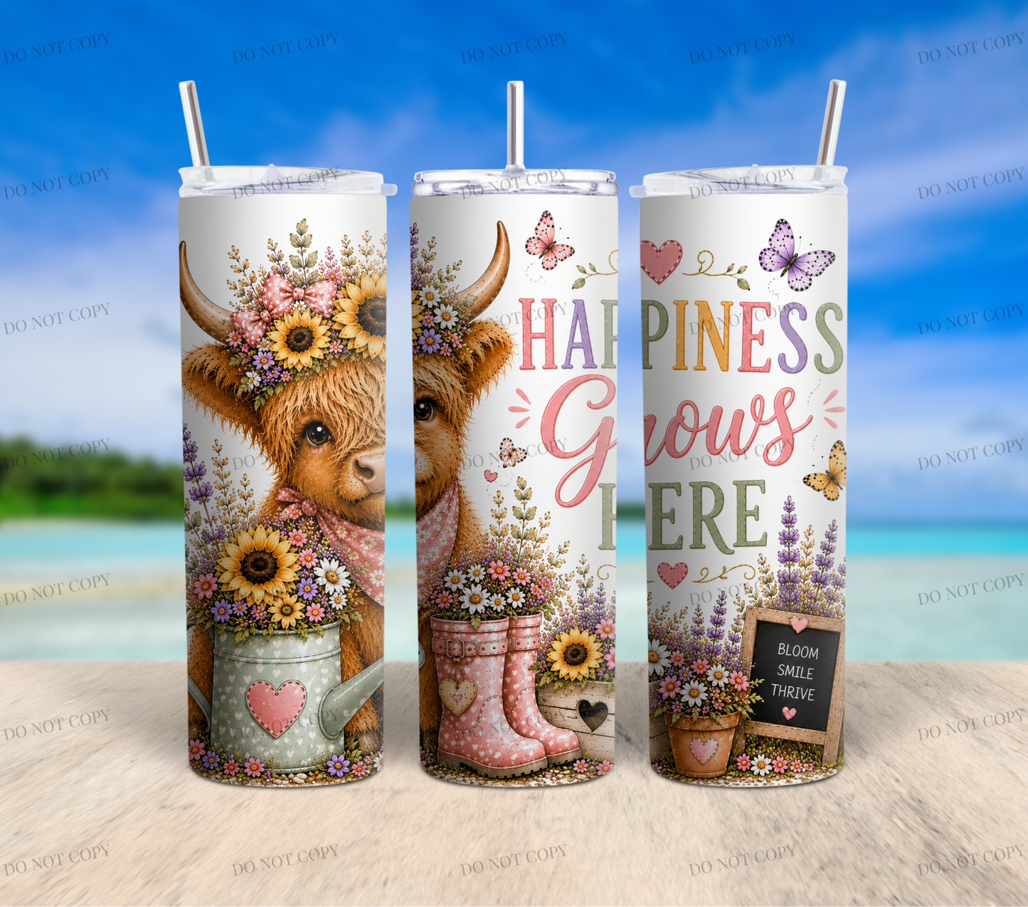 Sunflower Highland Cow PNG Bundle | 10 Garden Quote Tumbler Wraps | 20oz Skinny Sublimation Designs | Cute Floral Cow PNG | 300 DPI