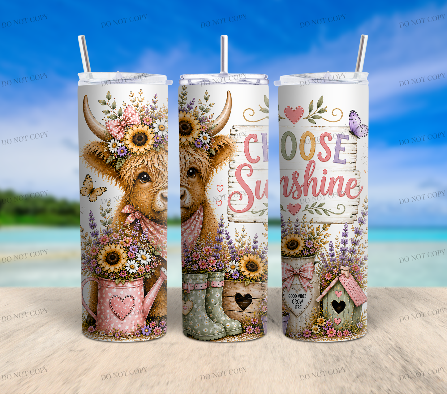 Sunflower Highland Cow PNG Bundle | 10 Garden Quote Tumbler Wraps | 20oz Skinny Sublimation Designs | Cute Floral Cow PNG | 300 DPI