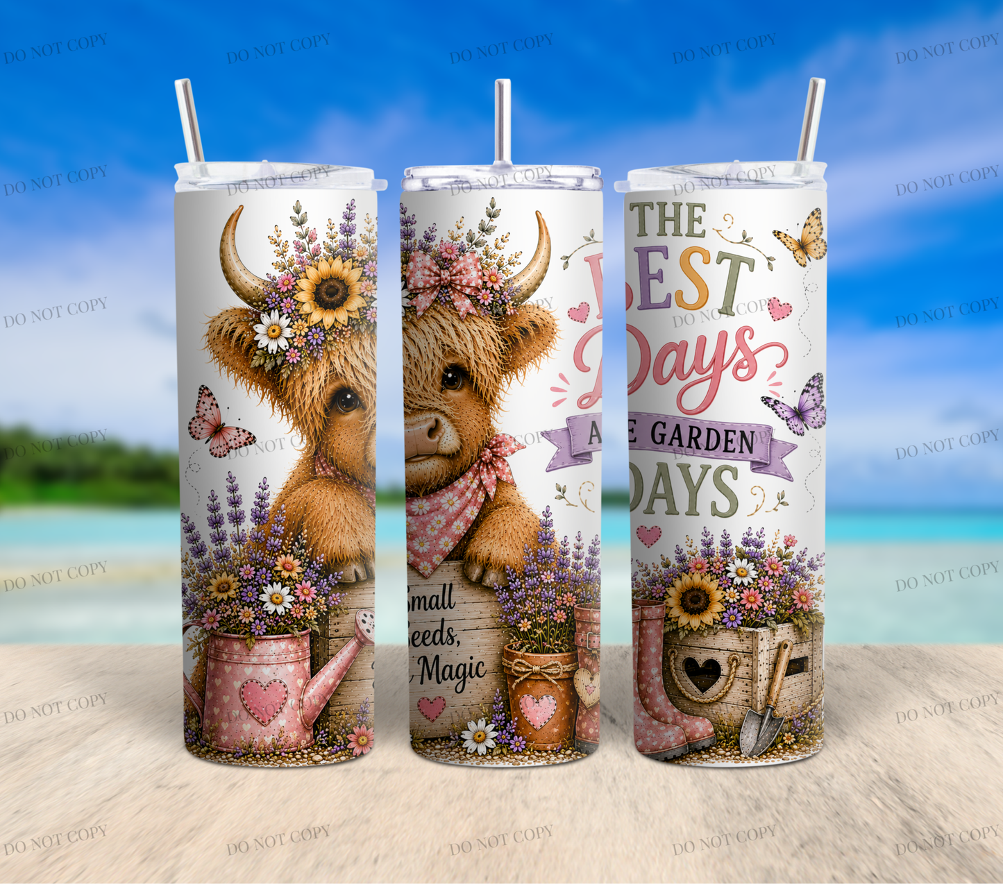 Sunflower Highland Cow PNG Bundle | 10 Garden Quote Tumbler Wraps | 20oz Skinny Sublimation Designs | Cute Floral Cow PNG | 300 DPI