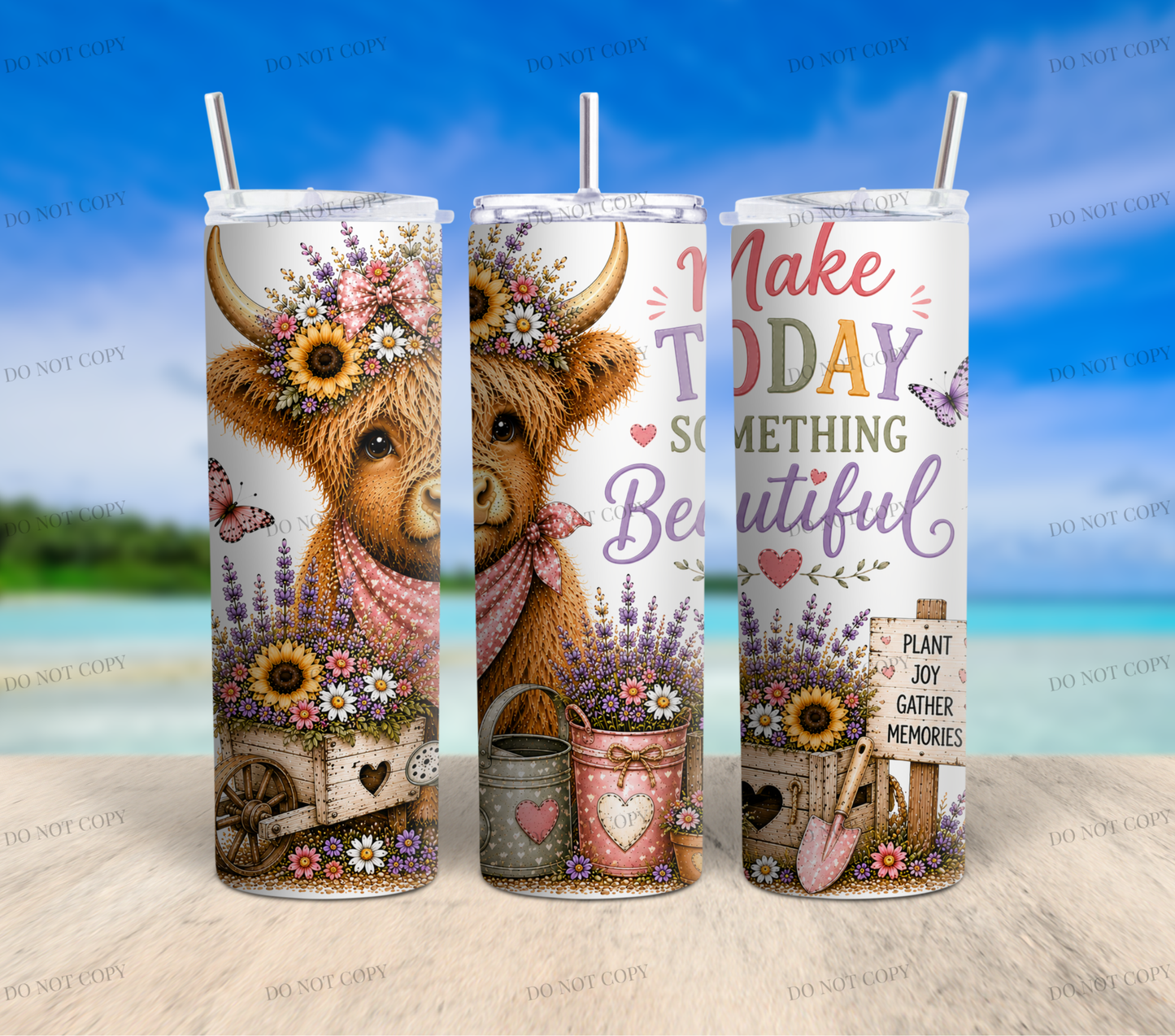 Sunflower Highland Cow PNG Bundle | 10 Garden Quote Tumbler Wraps | 20oz Skinny Sublimation Designs | Cute Floral Cow PNG | 300 DPI