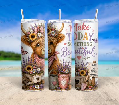 Sunflower Highland Cow PNG Bundle | 10 Garden Quote Tumbler Wraps | 20oz Skinny Sublimation Designs | Cute Floral Cow PNG | 300 DPI