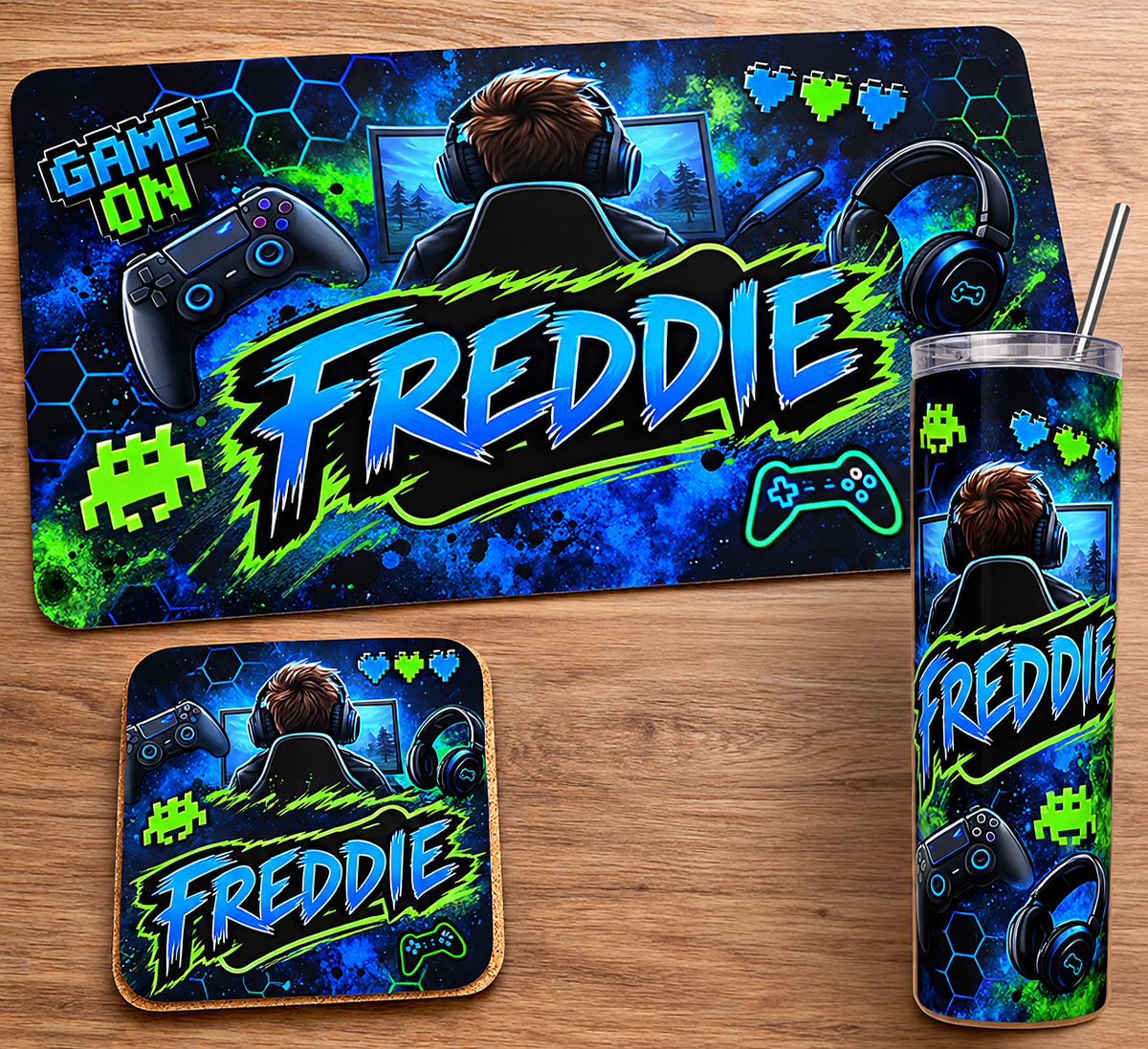 Gaming tablemat, coaster and tumbler set