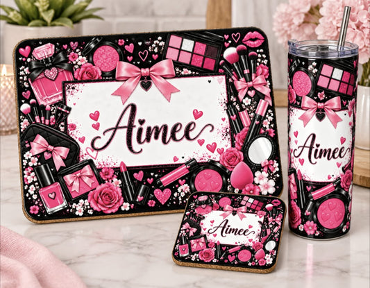 Makeup tablemat, coaster and tumbler set