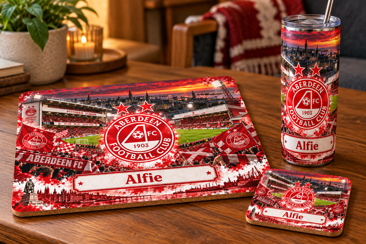 Footie tablemat, coaster and tumbler set