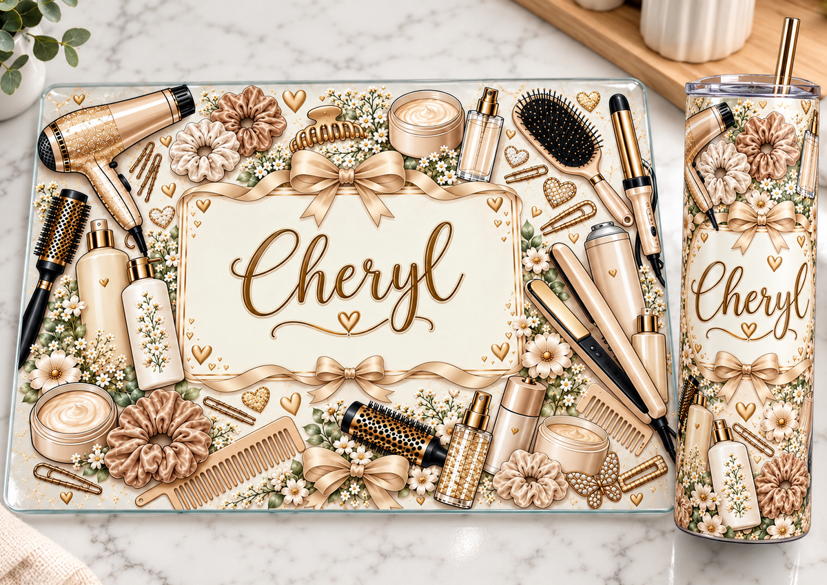 Cream/beige hair care glass board + tumbler set