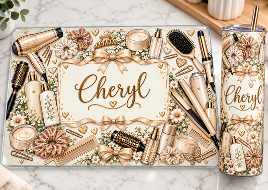 Cream/beige hair care glass board + tumbler set