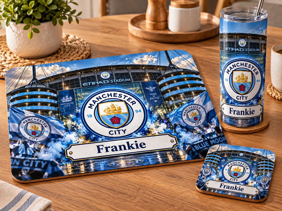 Footie tablemat, coaster and tumbler set