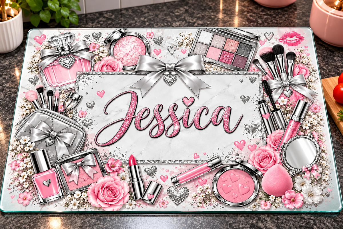 Pink/silver makeup glass board