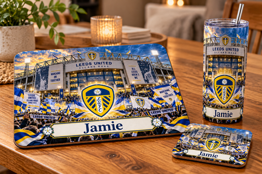 Footie tablemat, coaster and tumbler set